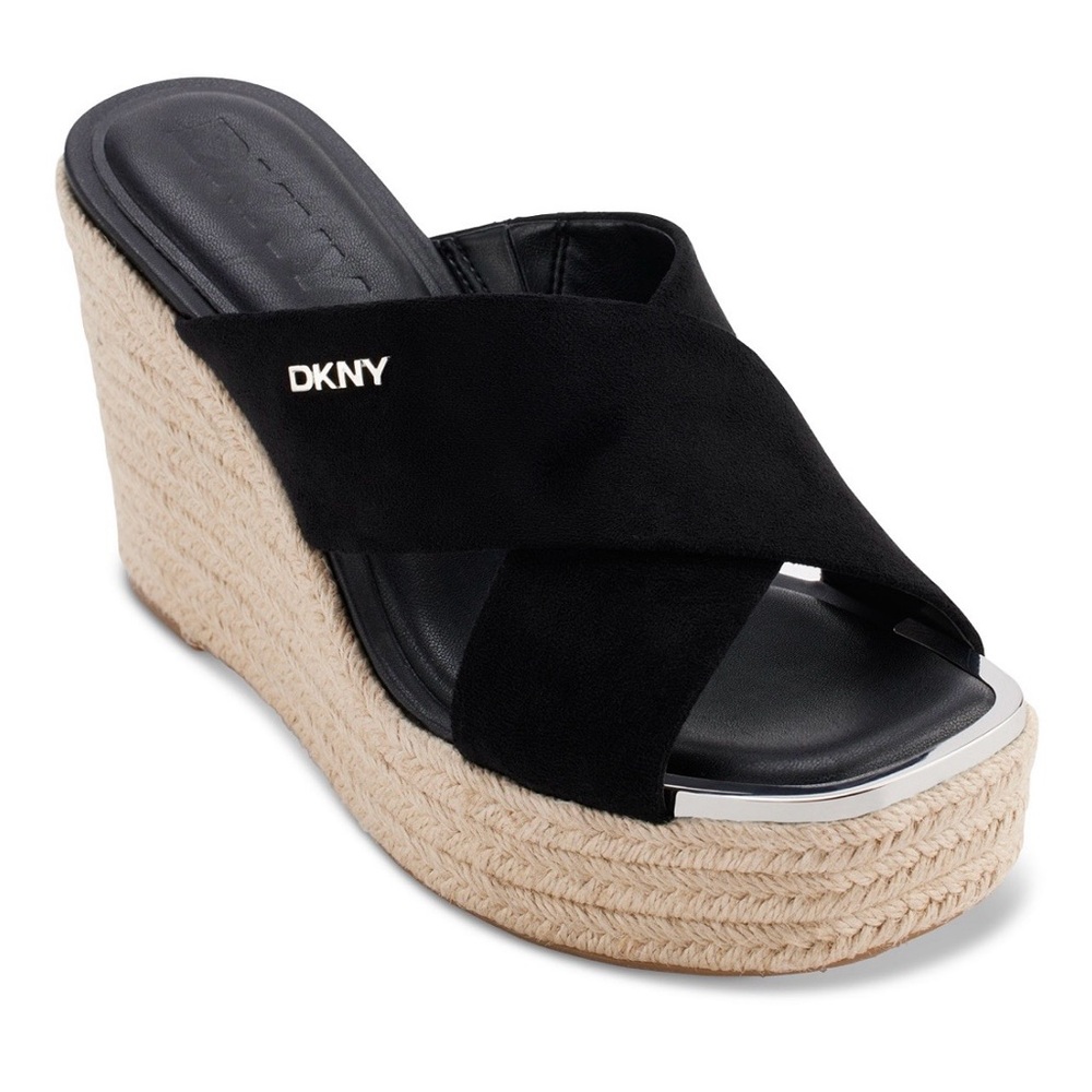 DKNY Black Suede Crisscross Espadrille Wedge Sandals
